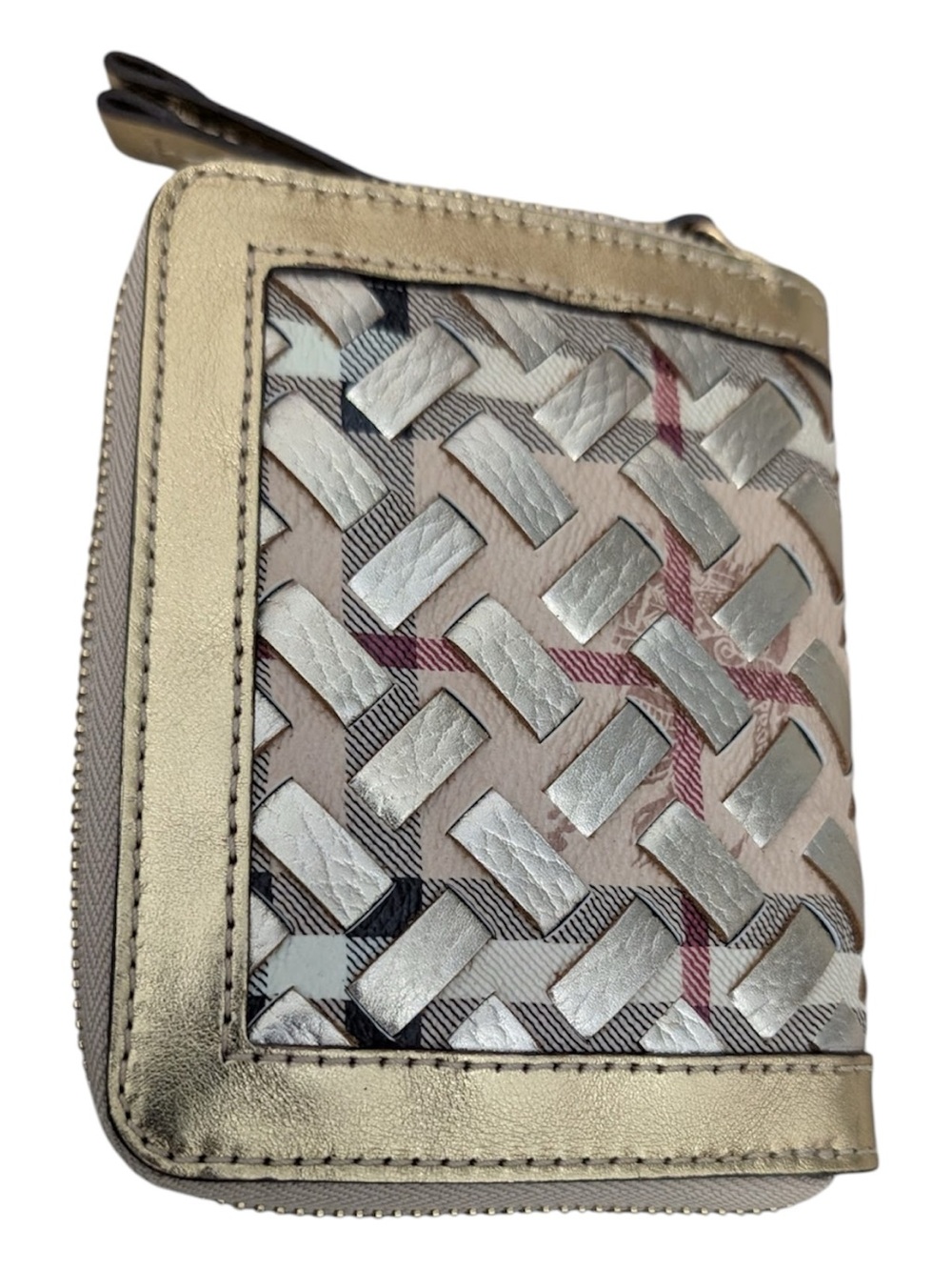 Burberry Metallic Gold & Silver Woven Zip Wallet with Red Accents